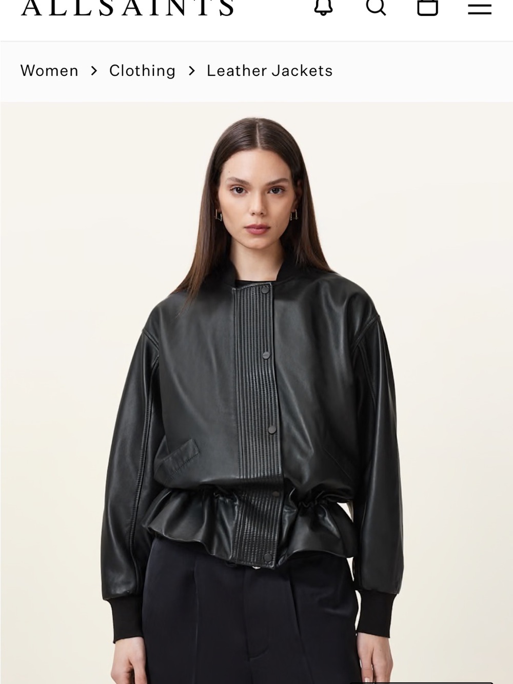 All Saints Sofi Drawstring Black Leather Bomber Jacket - Women's